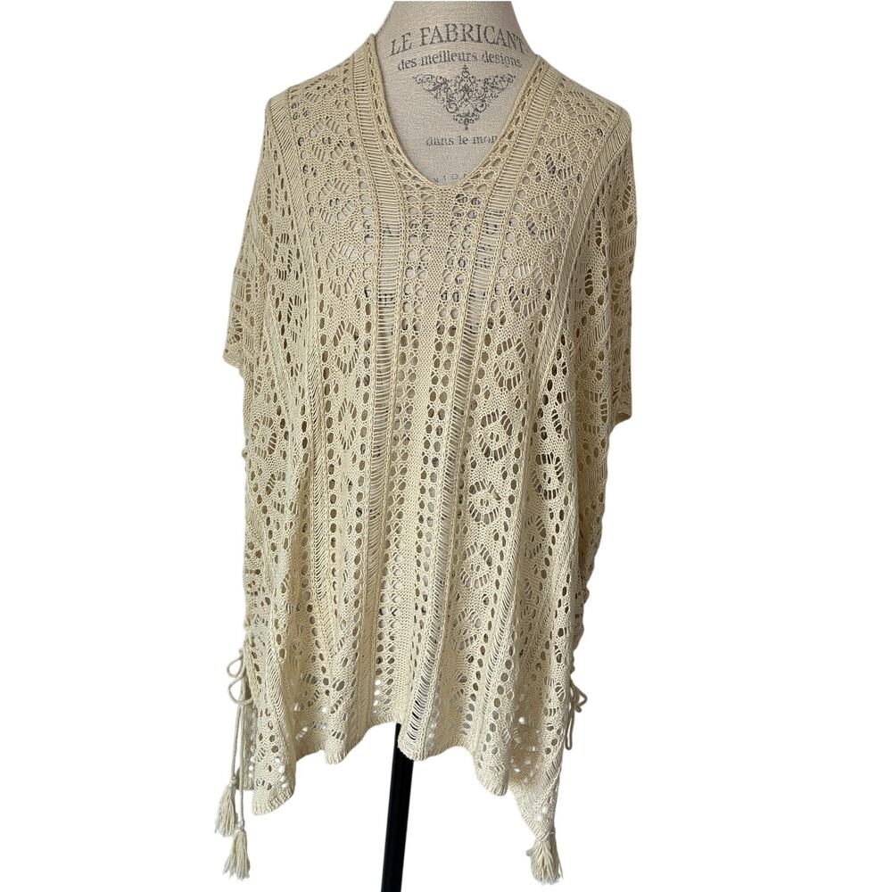 Cream Crochet Poncho Beach Cover-up Side Tassel Drawstrings Tunic Top Size M